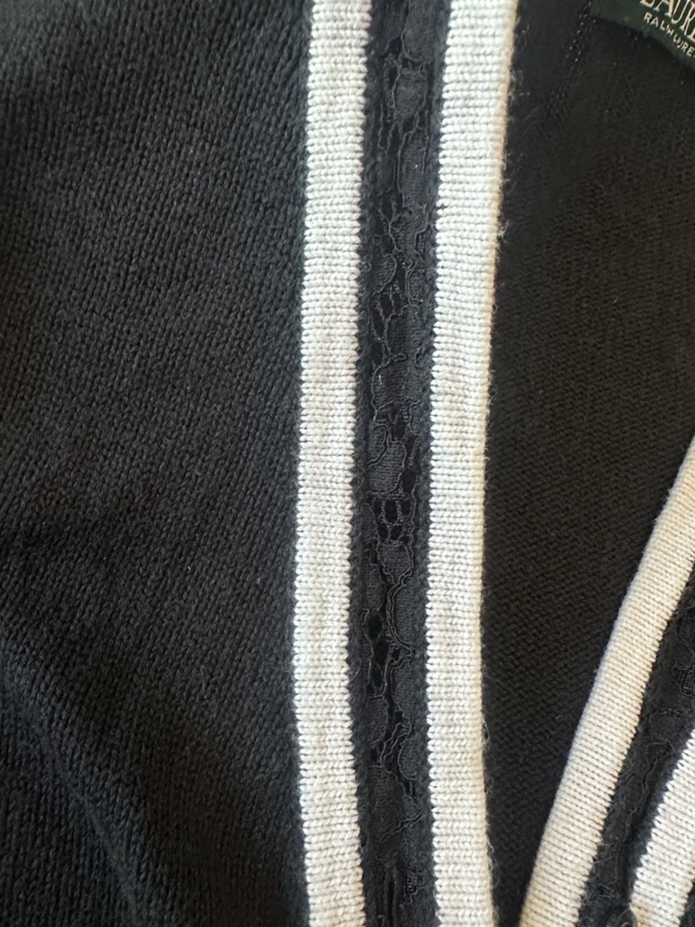 Lauren Ralph Lauren Black S Varsity button up Cardigan White Trim & Lace - Picture 5 of 6